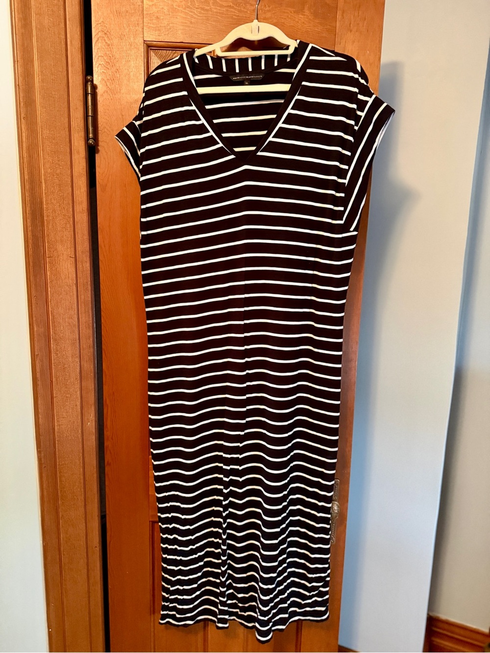 White House Black Market Black and White Striped V-Neck Maxi Dress